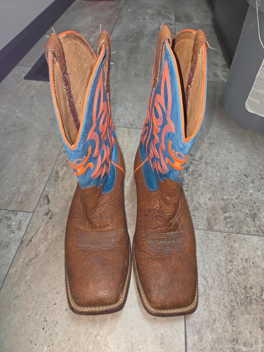 - Twisted X Brown Leather Cowboy Boots with Blue and Orange Shaft